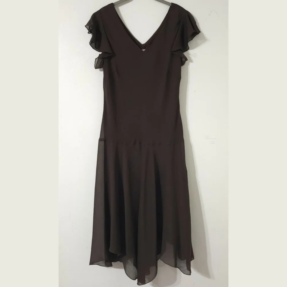 EN FOCUS Chocolate Brown Chiffon Y2k Midi Dress, Handkerchief Hem, Lined, 14 - Picture 3 of 14